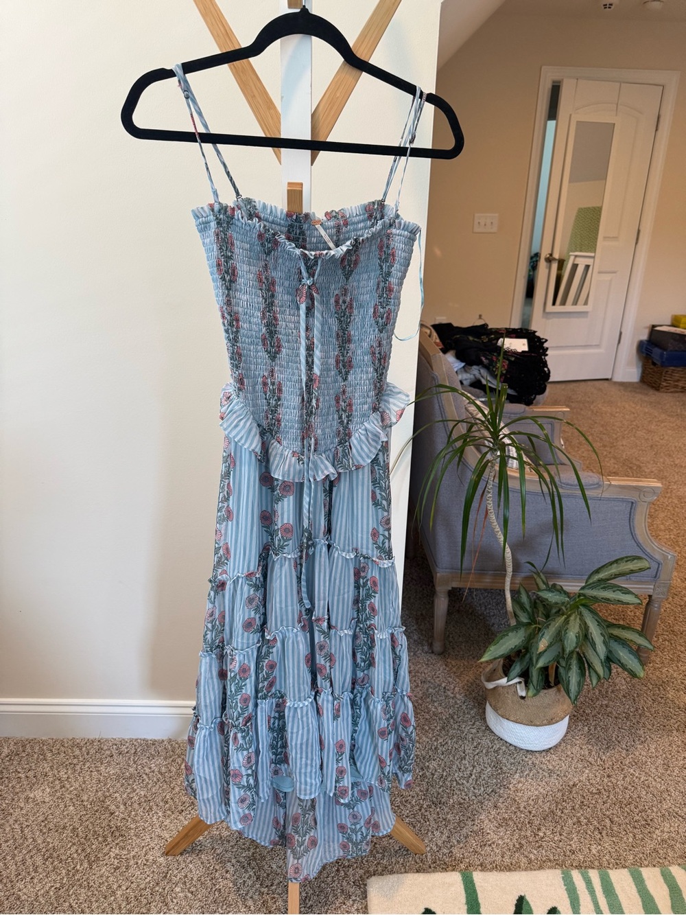Free People Light Blue Floral Smocked Midi Dress